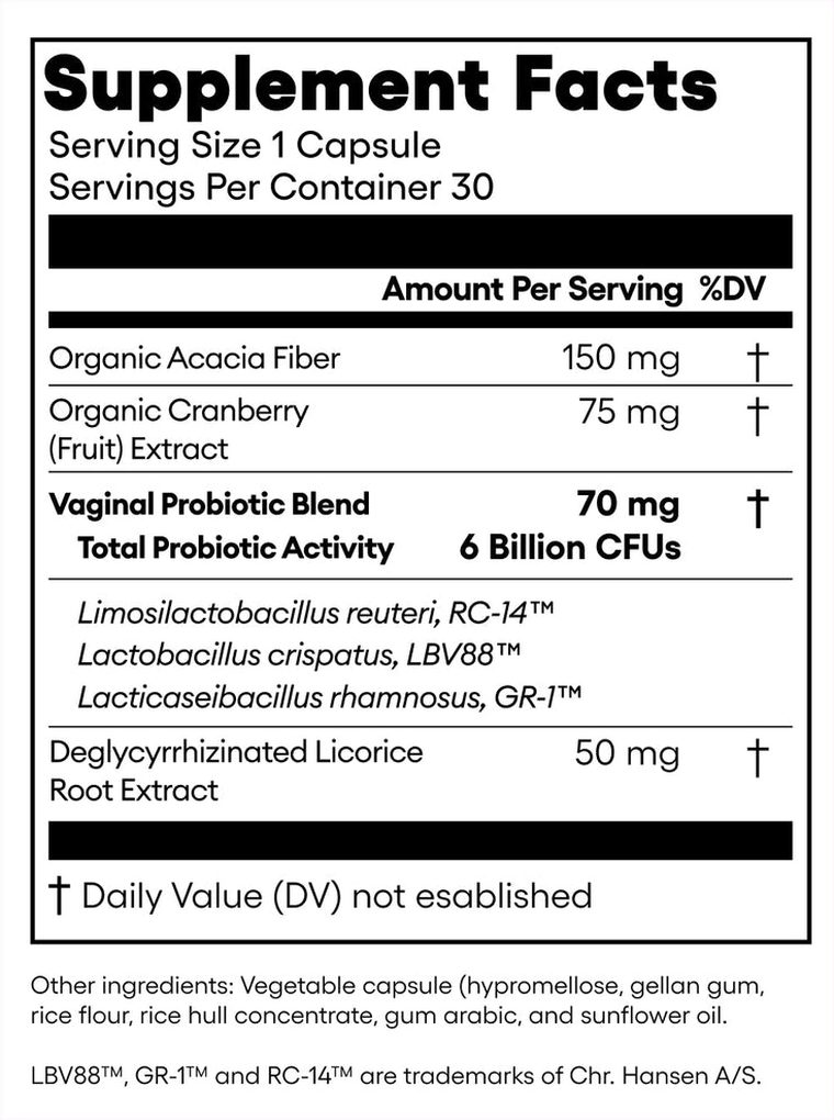 Supplement Facts panel of Physician's Choice Vaginal Probiotic: serving size 1 capsule, 30 servings, organic acacia fiber 150 mg, organic cranberry fruit extract 75 mg, a 70 mg blend at 6 billion CFUs and DGL licorice root extract 50 mg